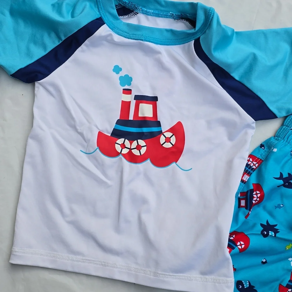 Wave Zone Toddler Boat Rash Guard & Swim Shorts Set - Turquoise, White, Red 18 M